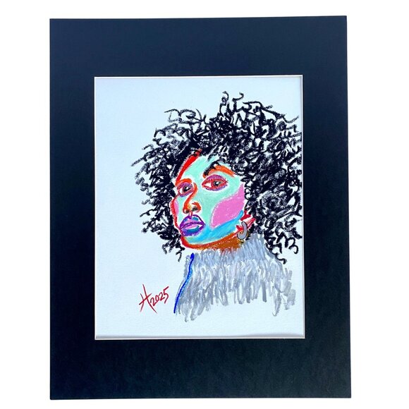 Winter Beauty Original Colorful Oil Pastel Portrait Painting 11x14in Matted - Picture 2 of 6